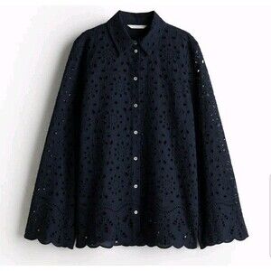 H&M Navy Blue Eyelet Embroidered Button-Up 100% Cotton Shirt Scallop Trim Sz XS